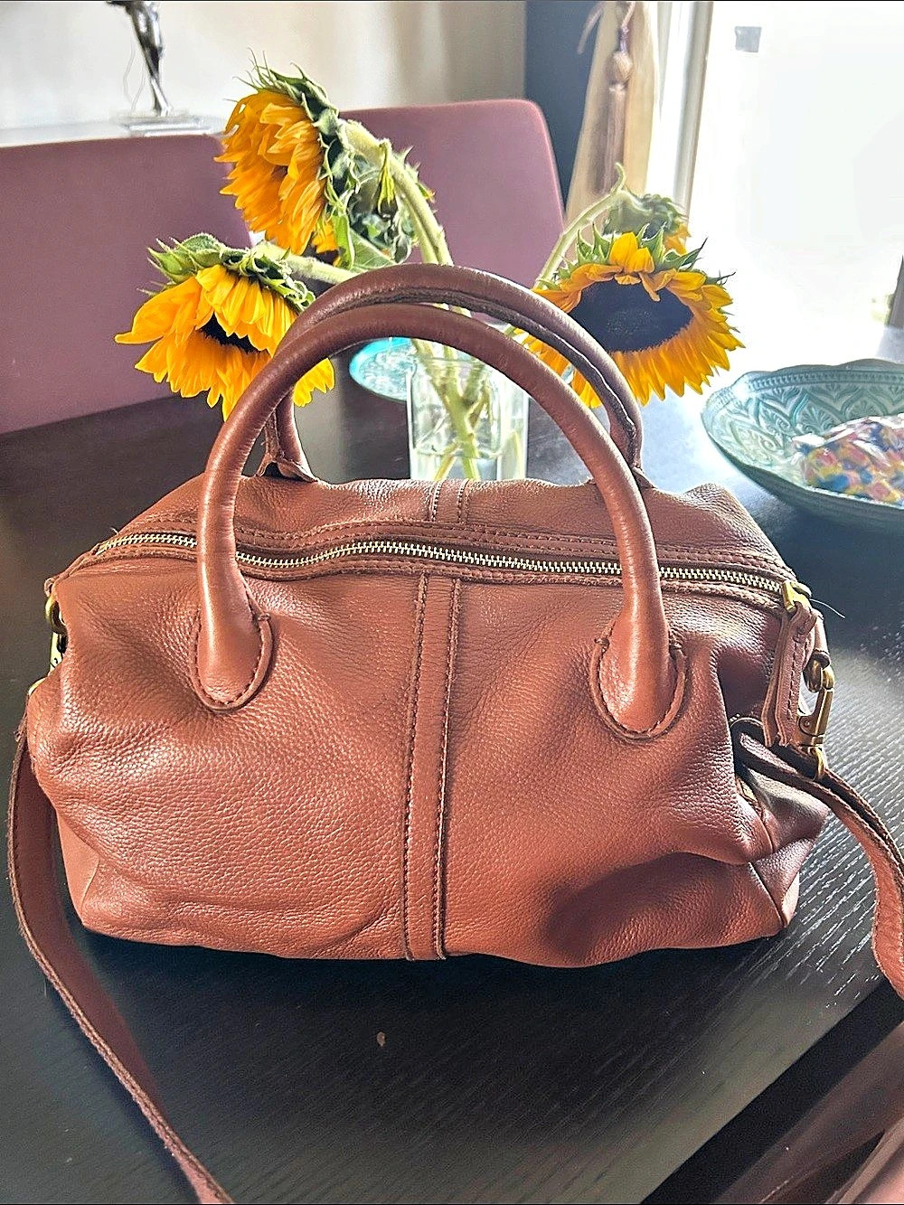 Fossil Sydney Satchel/ Crossbody Brown Pebbled Leather